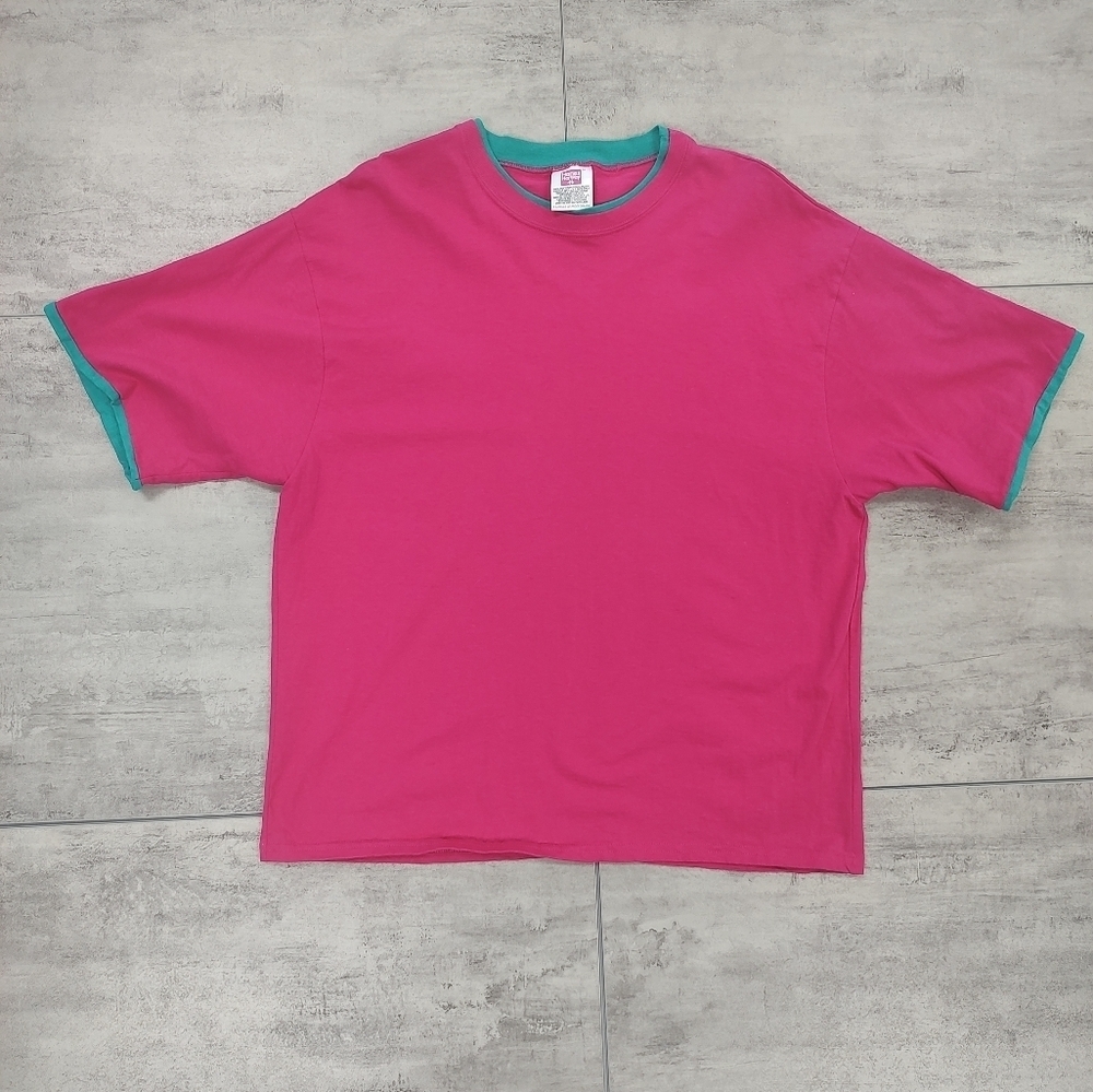 Vintage Hanes Her Way Pink Green Round Neck Short Sleeve Shirt Size XL